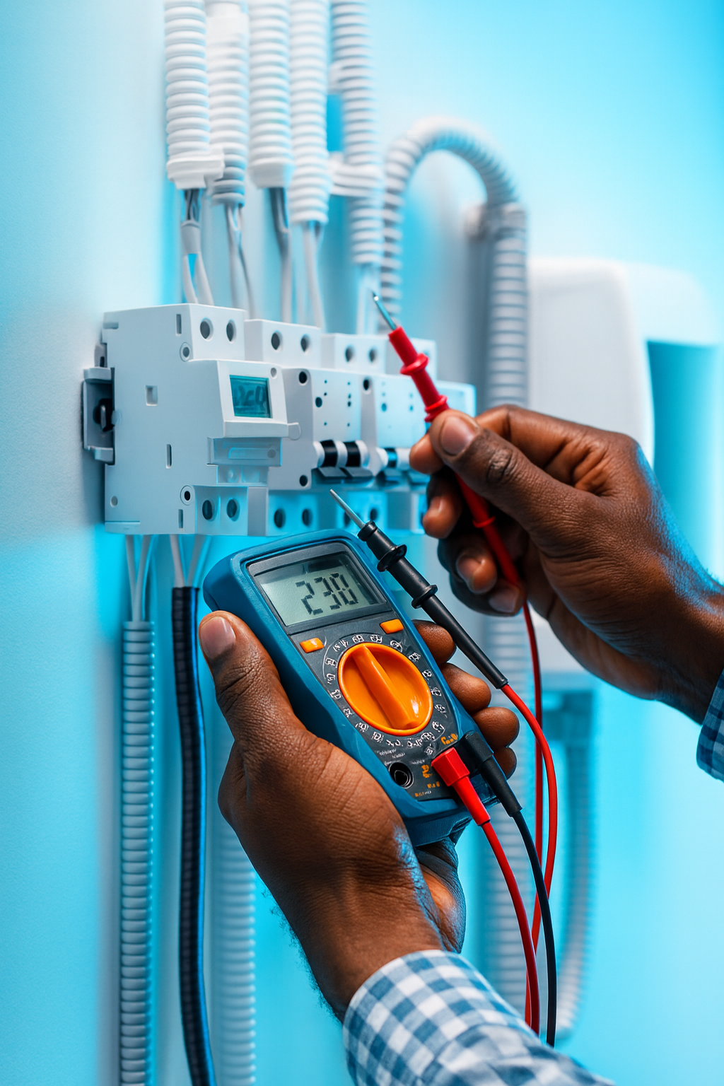 Technician testing a distribution board