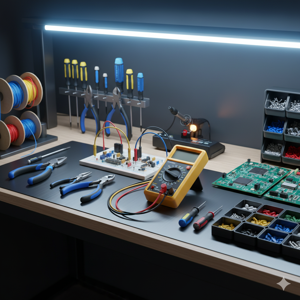 Electrical tools neatly arranged on a workbench